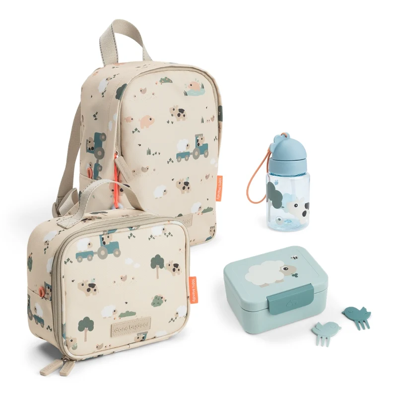 tiny farm dagplejesæt med madkassetaske - sand/blå