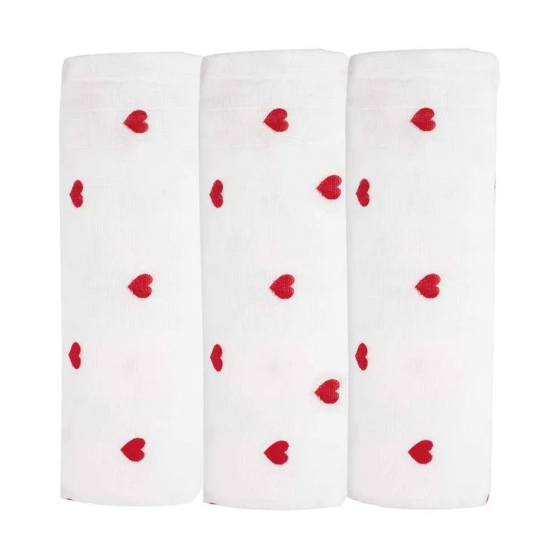 Lot de 3 langes - Coeurs rouge