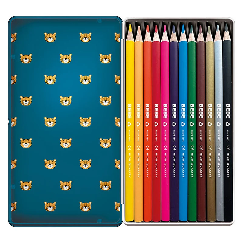 Boîte Métal avec 12 crayons de couleurs - Tigre - BEBE Friends