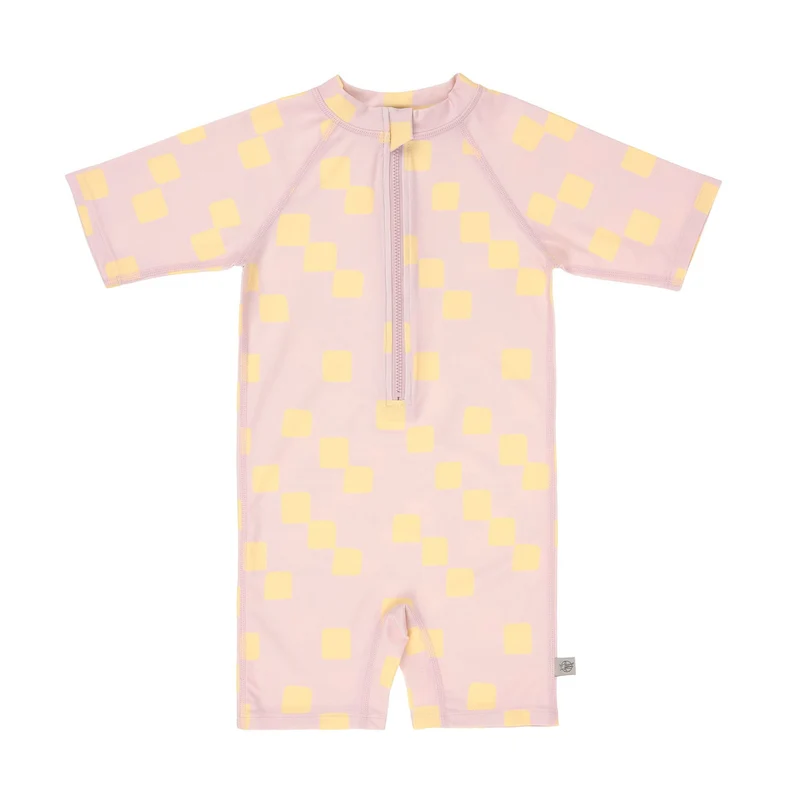 Combinaison de bain manches courtes - Damier rose/jaune
