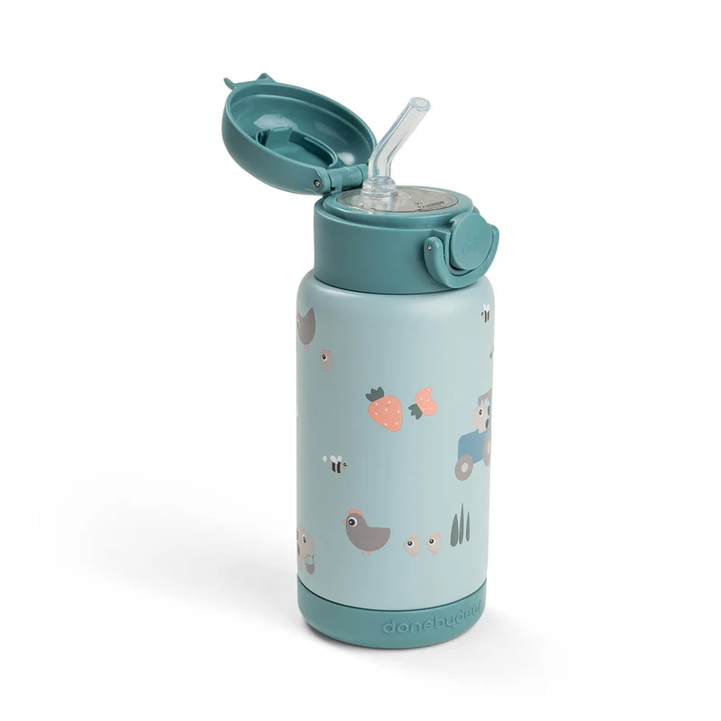Termoflaske m/sugerør - Tiny farm - Blå 340 ml