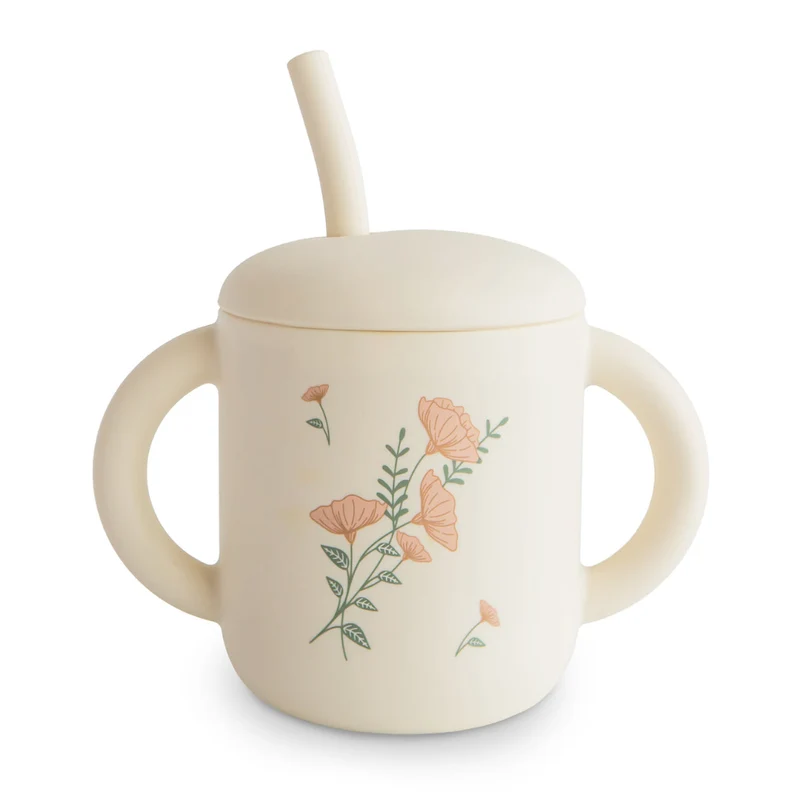 Tasse et Paille en Silicone Pink Flowers - Mushie