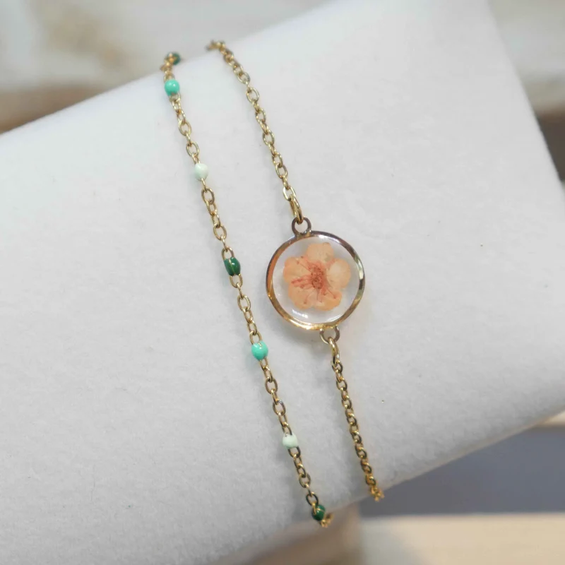 Bracelet Sofia double - orange et chaine verte