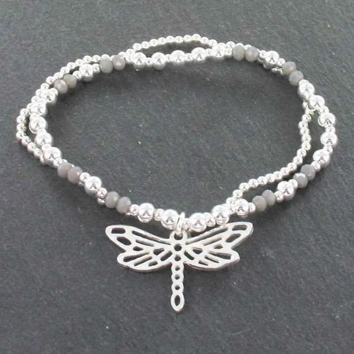 Double Strand Bracelet With Dragonfly Pendant In Silver Plate