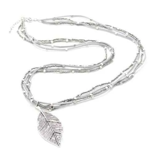 Suede & Beaded Necklace with Leaf Pendant
