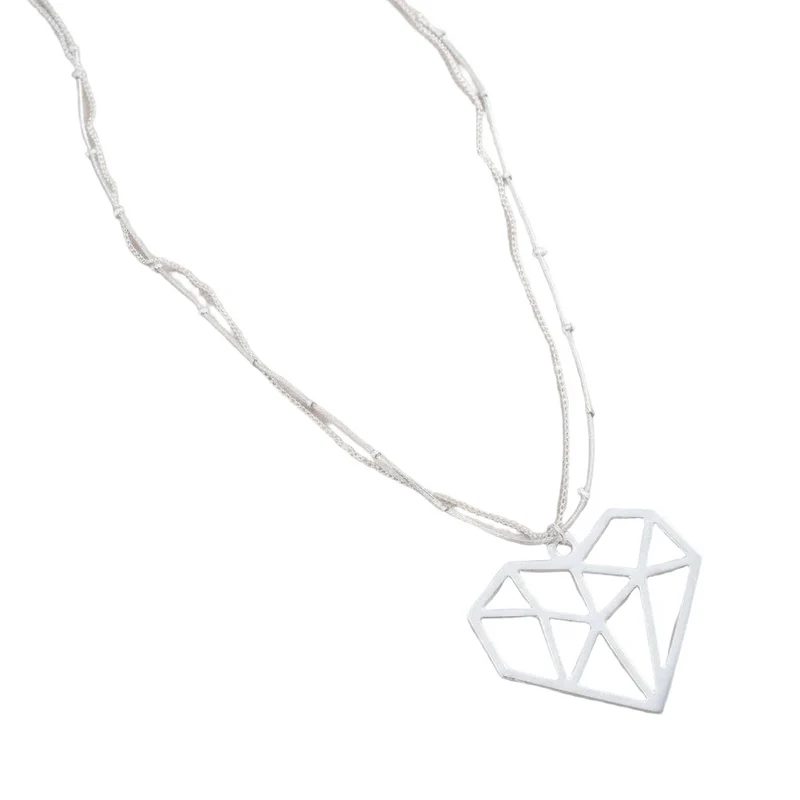 Double Strand Necklace With Heart Pendant In Silver Plate