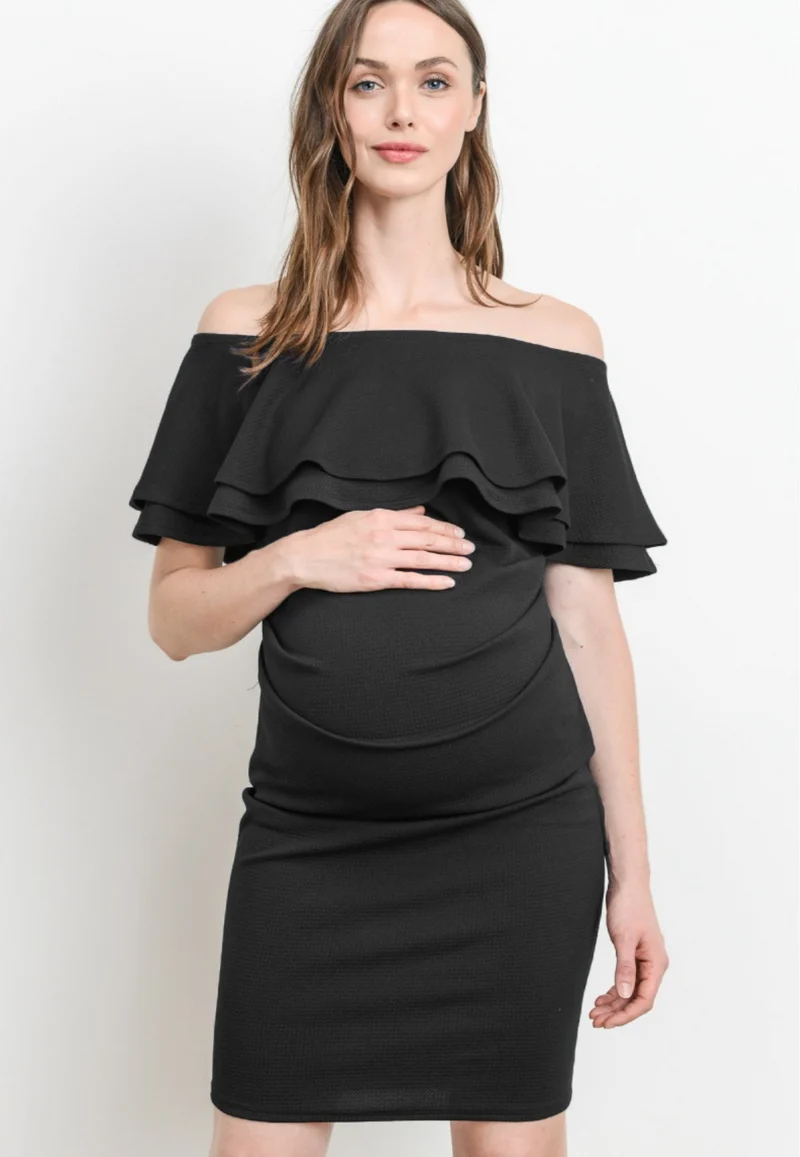 Double Ruffle Off Shoulder Maternity Dress