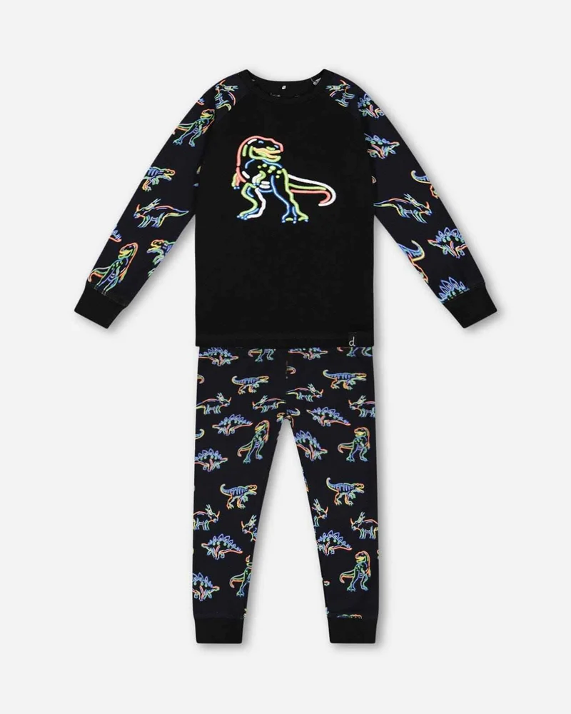Organic Cotton Two Piece Pajama Set Black Printed Neon Dino