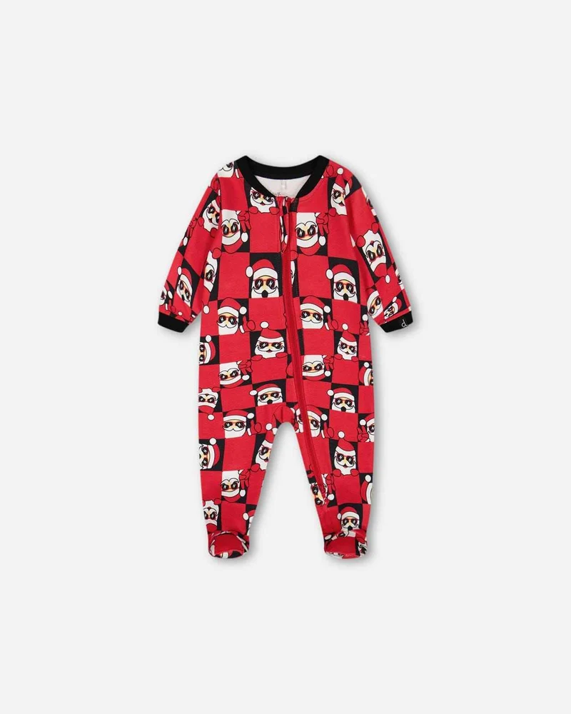 Organic Cotton One Piece Pajama Red Printed Santa