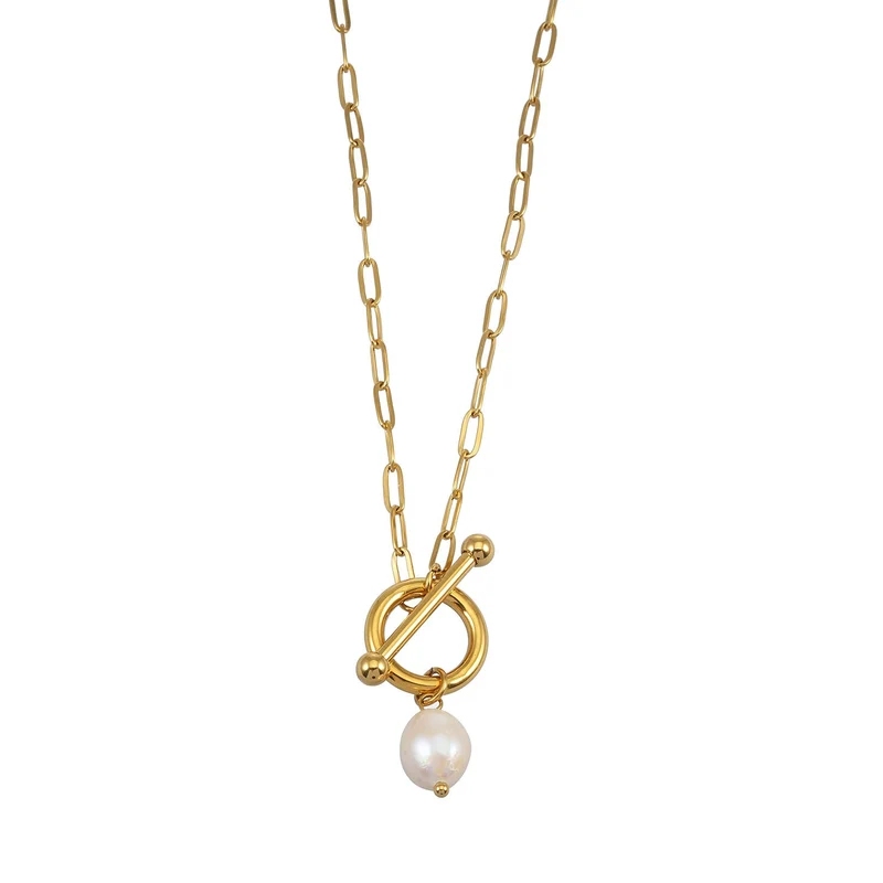 D'ANGELA Gold: Paperclip Chain Necklace with Toggle Fastener & Pearl Charm