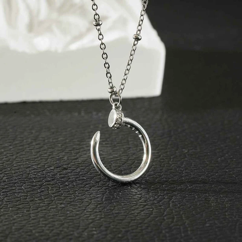 CSENGE Silver (White Gold) Necklace: Zirconia Embedded Circular Nail Pendant on a Satellite Beaded Chain
