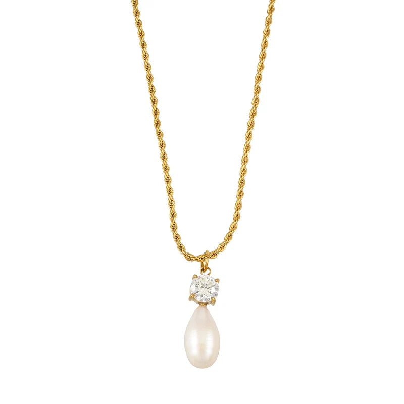 ORSOLIA Gold: Vintage Rope Chain Necklace with Freshwater Pearl & Solitaire Zirconia Charm