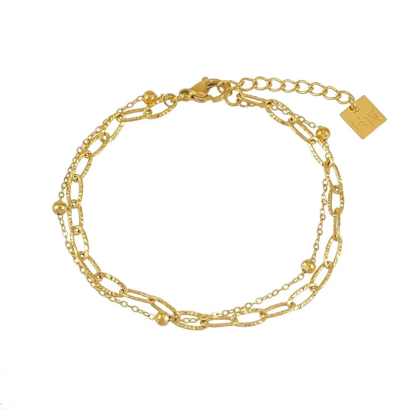 CASTILA Gold Bracelet: Double Stacked Paper Clip Chain & Beaded Chain - Dazzle in Duality