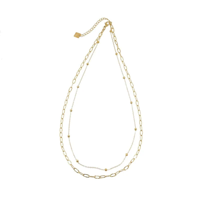 CASTILIA Gold Necklace: Double Stacked Paper Clip Chain & Beaded Chain - Dazzle in Duality.