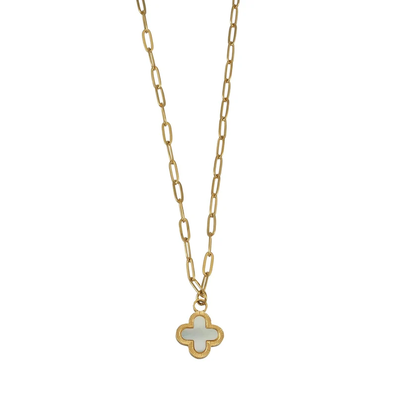 MAKA Gold: Clover Shaped Charm in Natural Shell & Gold Metal Border on a Paperclip Chain
