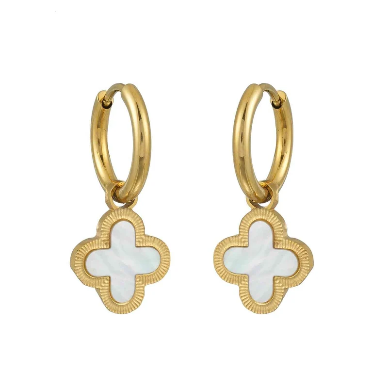 KADSRA Gold: Clover Shaped Shell Charm on a Classic Round Hoop