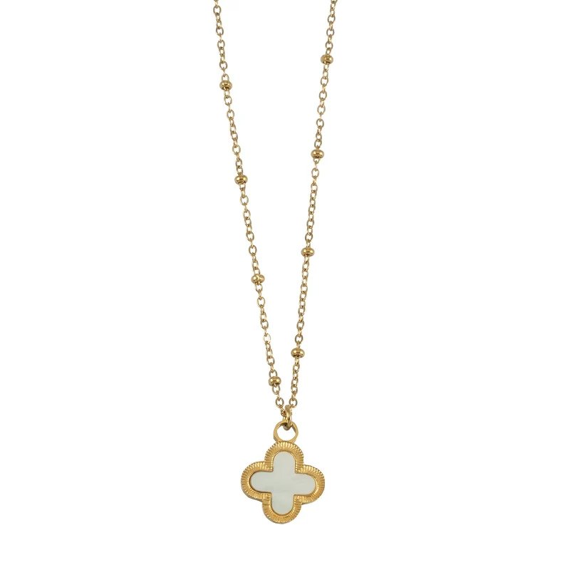 LULLA Gold: Natural Shell Clover Pendant Beaded Chain Necklace