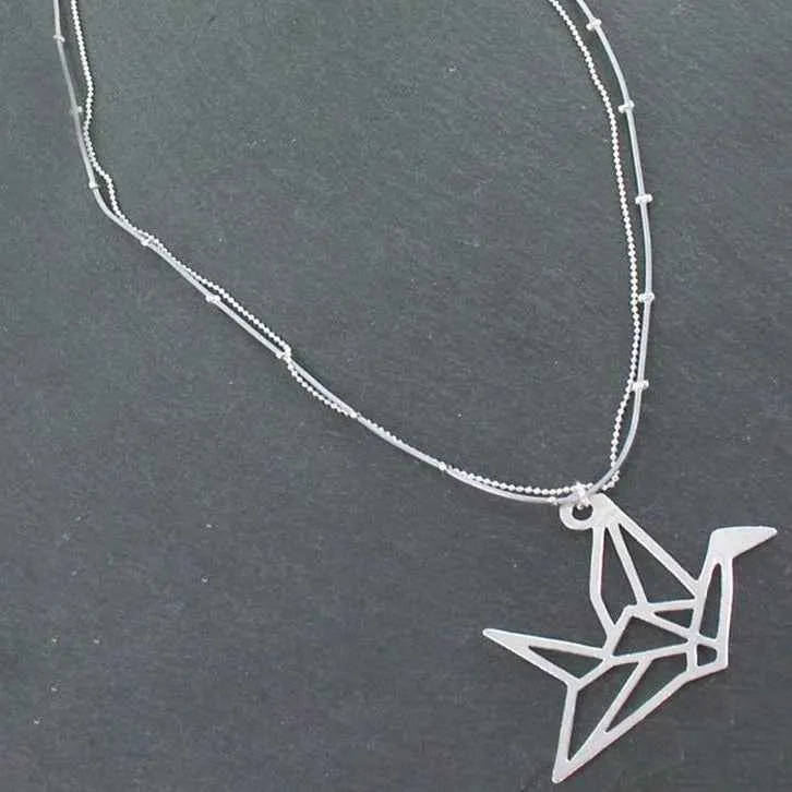 Double Strand Necklace With Origami Bird Pendant In Silver Plate