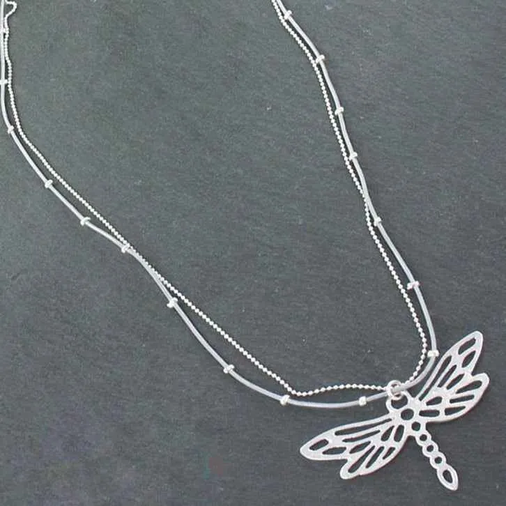 Double Strand Necklace With Dragonfly Pendant In Silver Plate