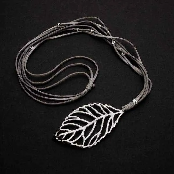 Suede Necklace With Leaf Pendant In Silver Plate