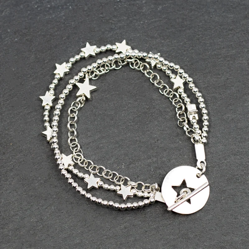 Silver Plate Multi Strand Star Charm Bracelet With T-Bar Clasp
