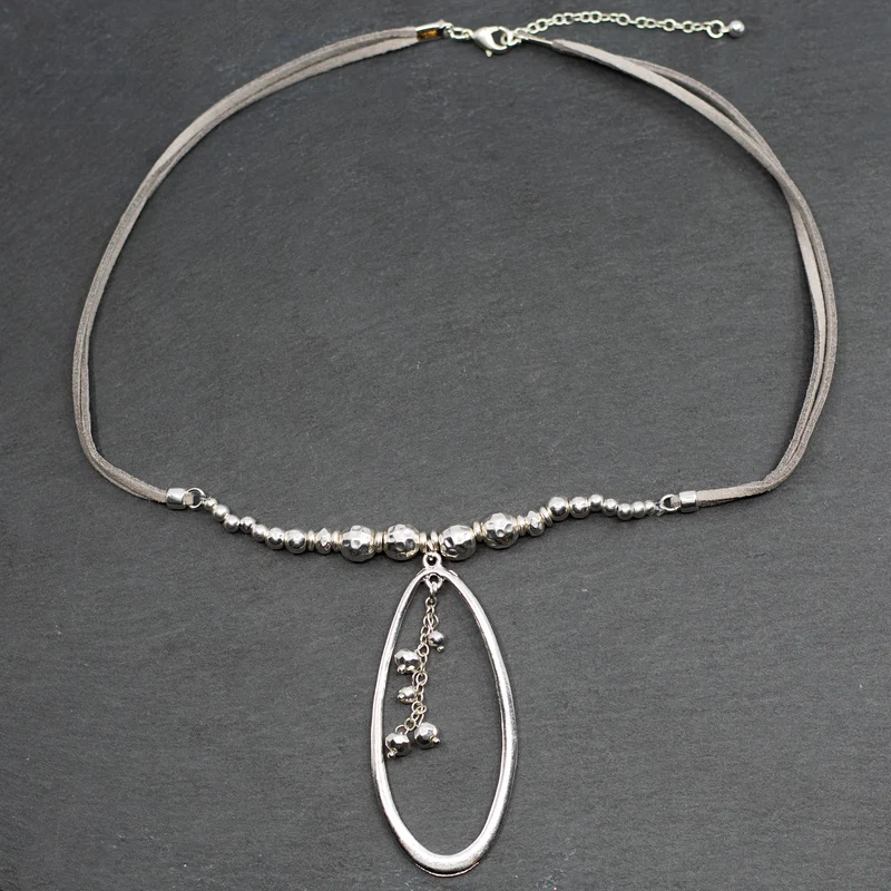 Silver Plate Oval Beaded Pendant Necklace On Suede