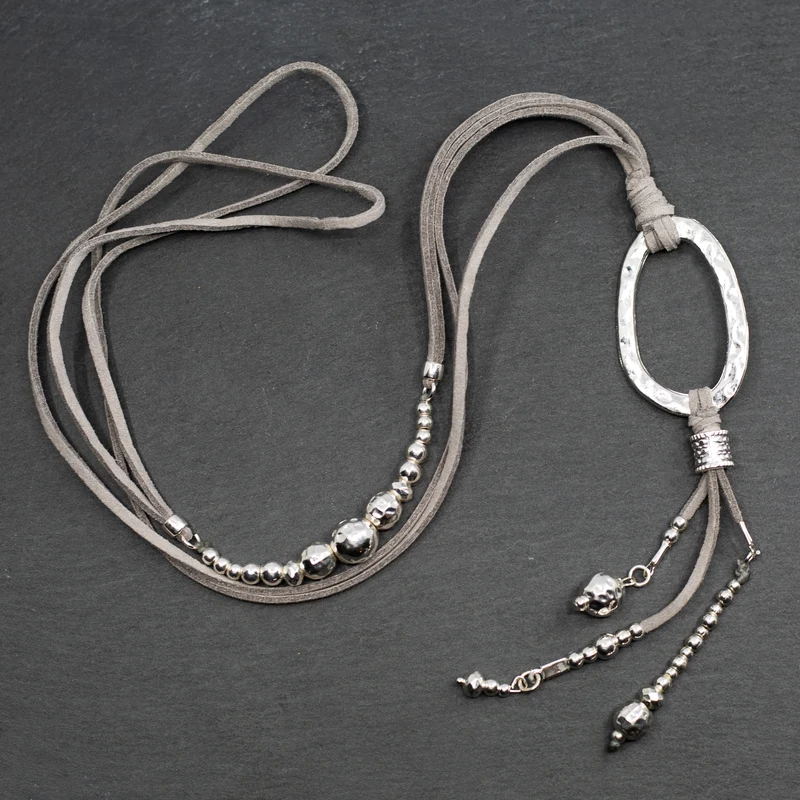 Silver Plate Oval Pendant Necklace On Suede