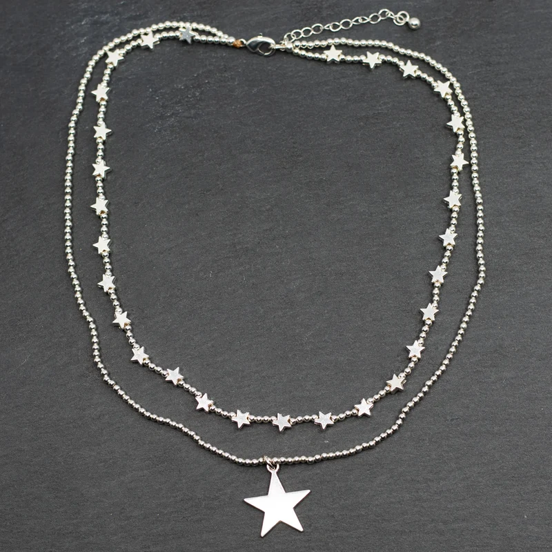 Silver Plate Double Strand Star Charm Necklace