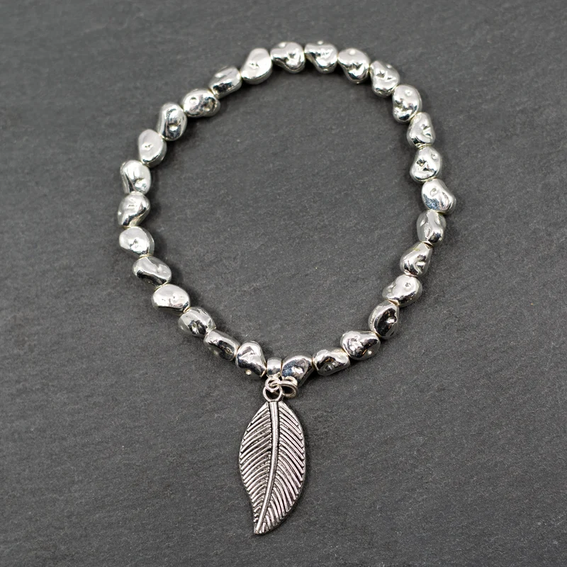 Leaf Charm Nugget Bracelet in Silver Plate