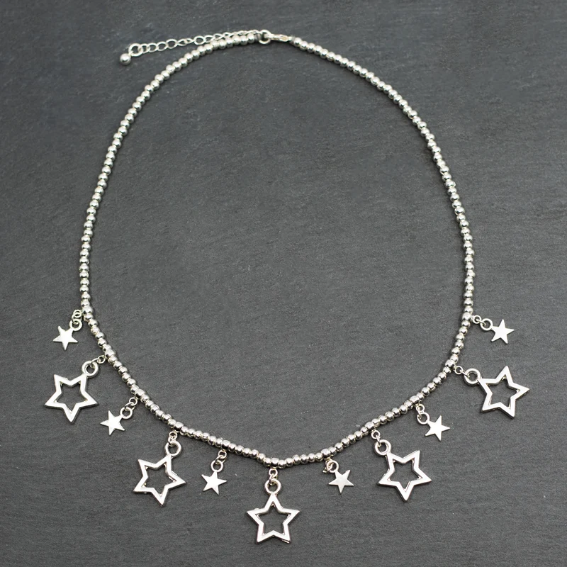 Silver Plate Short Charm Necklace With Drop Stars