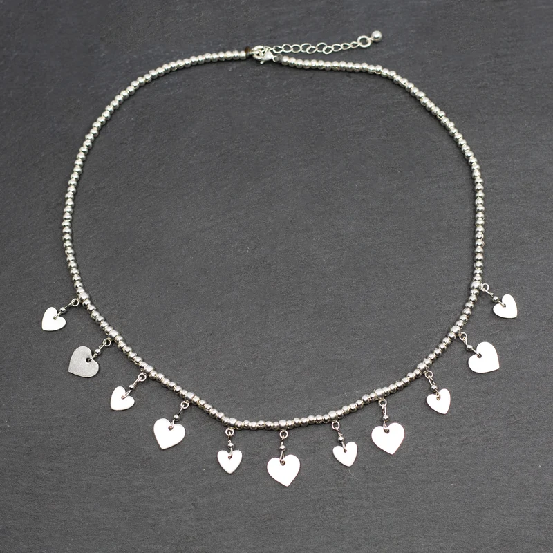 Silver Plate Short Charm Necklace With Drop Hearts