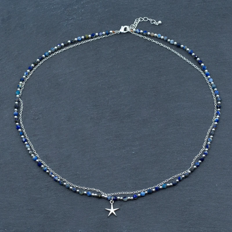 Blue Crystal Charm Necklace In Silver Plate