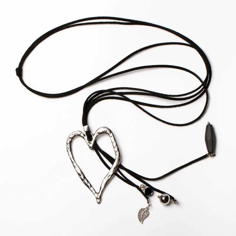 Long Open Heart Pendant On Suede With Charms