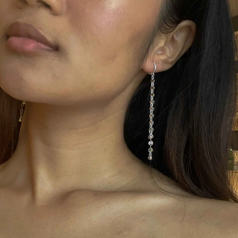 Disc Chain Double Drop Earrings In Silver Plate