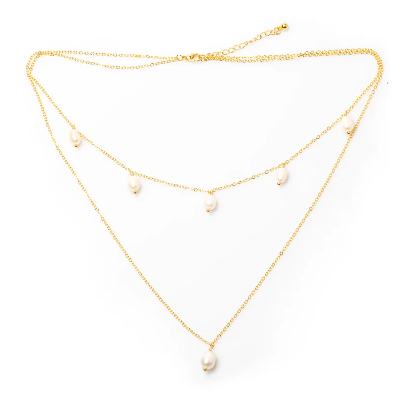 Double Strand Pearl & Chain Necklace In Gold Plate