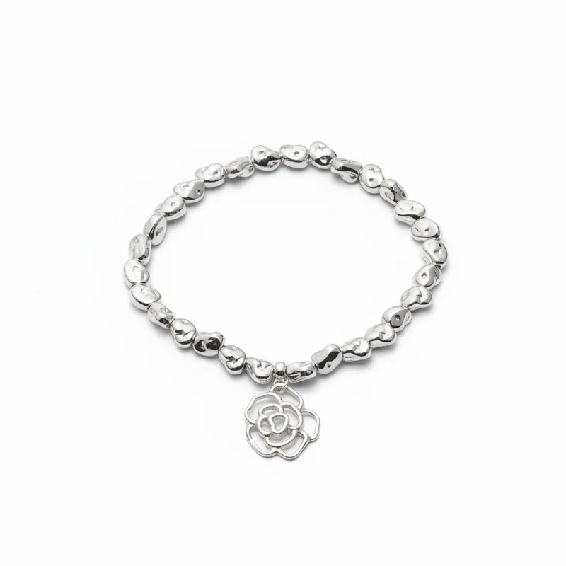 Rose Charm Nugget Bracelet in Silver Plate