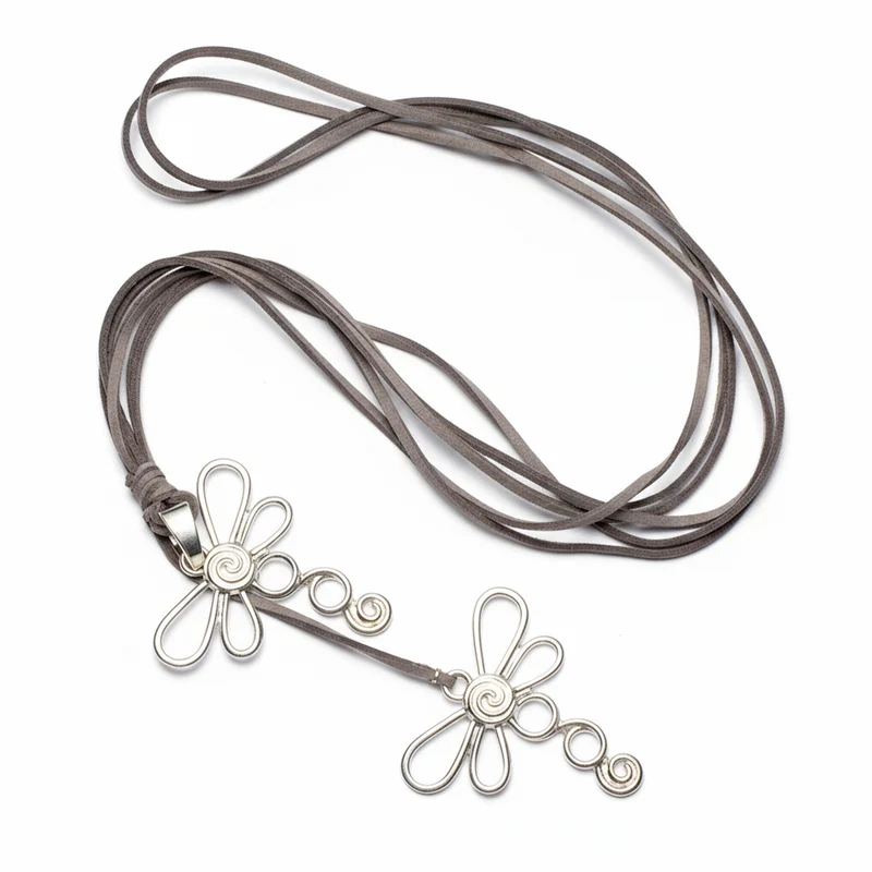 Double Dragonfly Necklace On Suede In Silver Plate