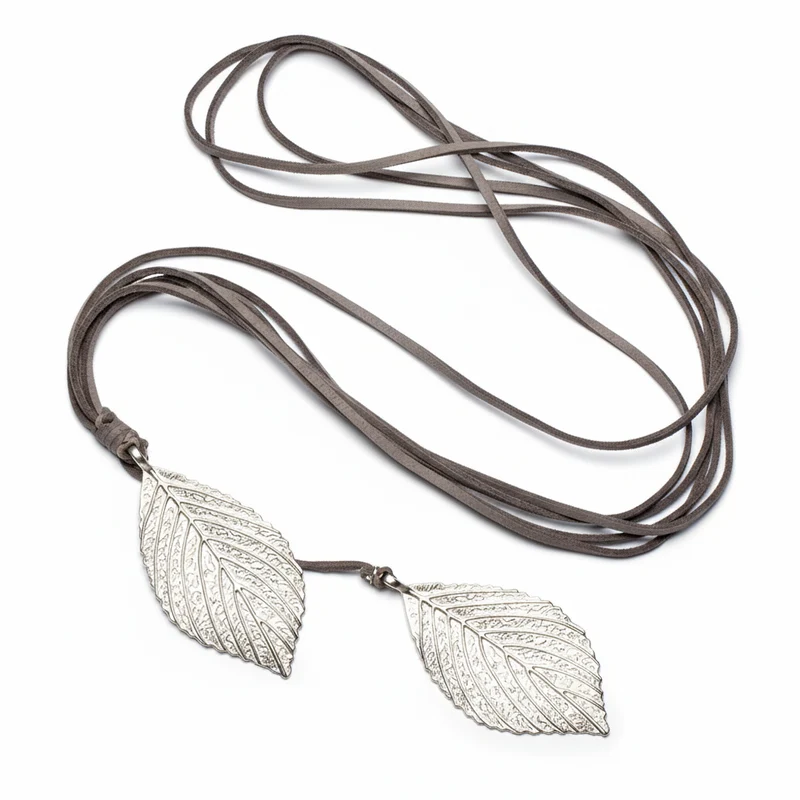 Double Leaf Necklace On Suede In Silver Plate