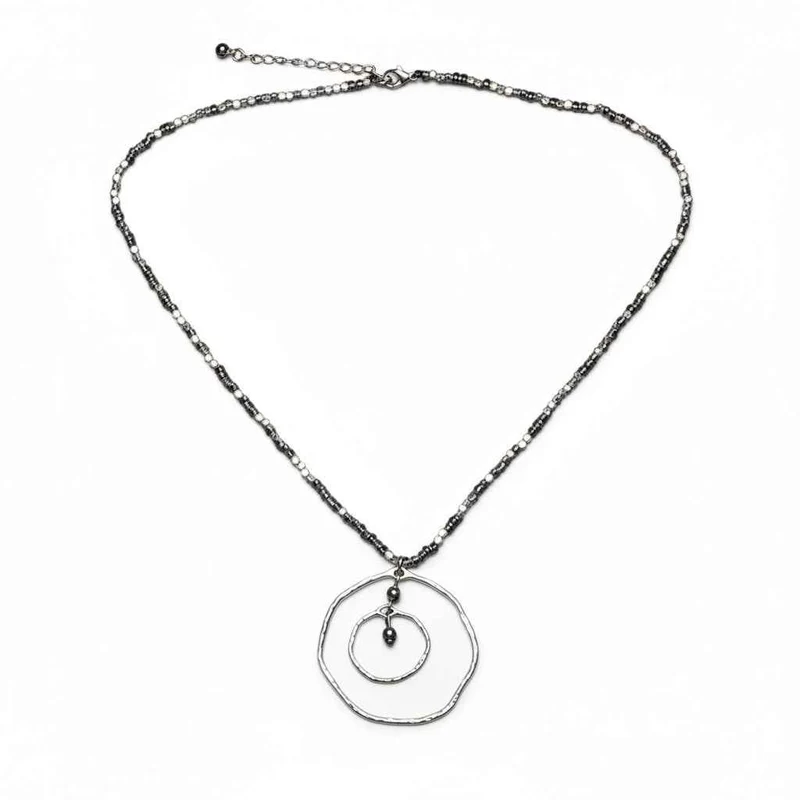Beaten Double Ring Necklace In Silver Plate