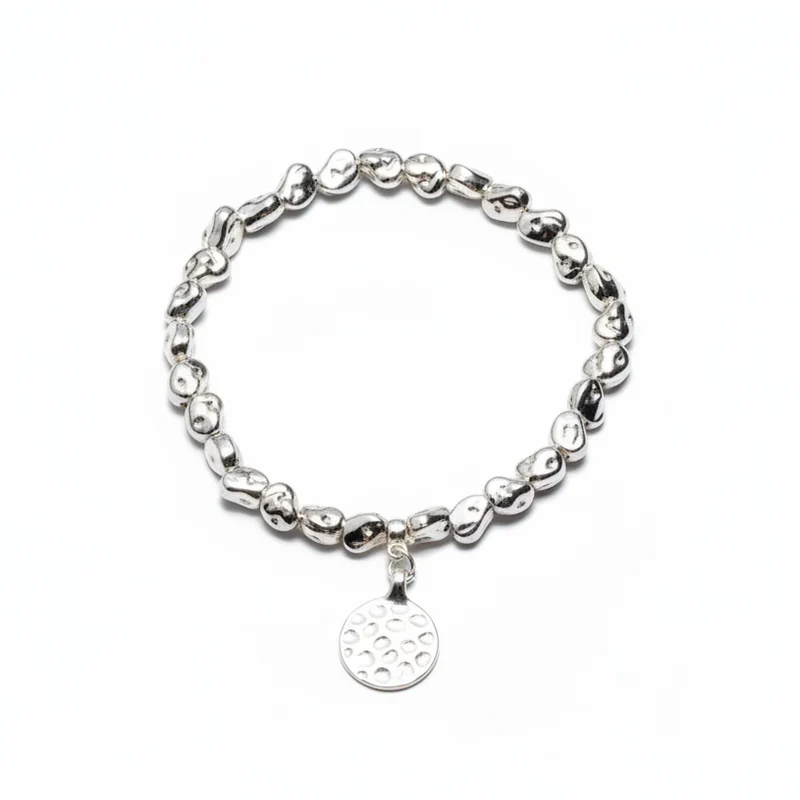 Beaten Circle Charm Nugget Bracelet in Silver Plate