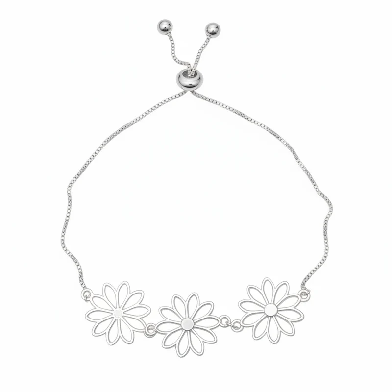 Adjustable Triple Flower Bracelet In Silver Plate