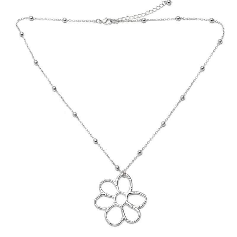 Open Flower Pendant On Ball Chain - Silver Plate
