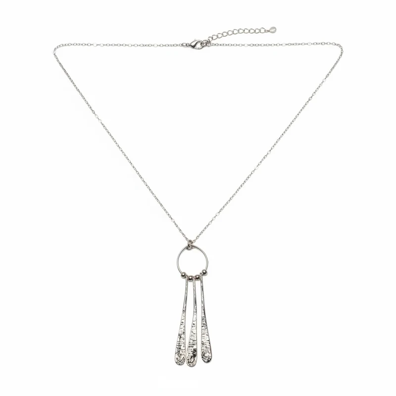 Beaten Triple Long Tear Drop Necklace - Silver Plate