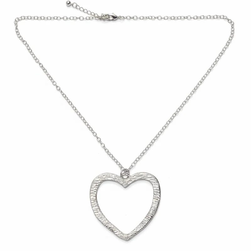 Textured Heart Shaped Pendant On Simple Chain - Silver Plate
