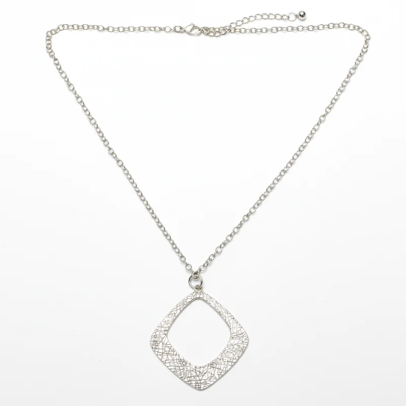 Textured Diamond Shaped Pendant On Simple Chain - Silver Plate