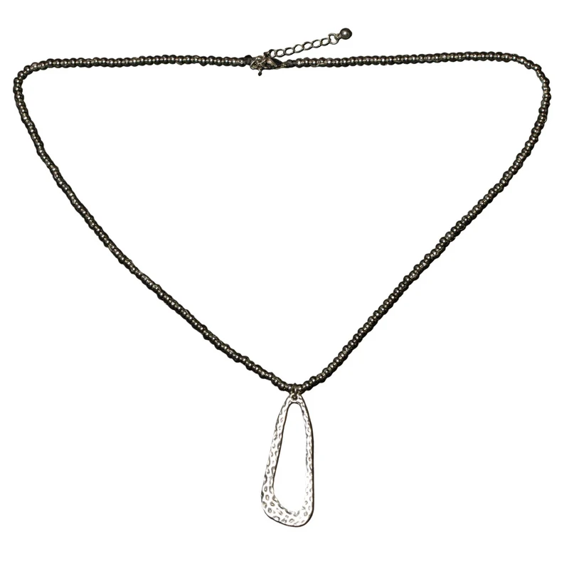 Hammered Oval Pendant On Ball Chain - Silver Plate