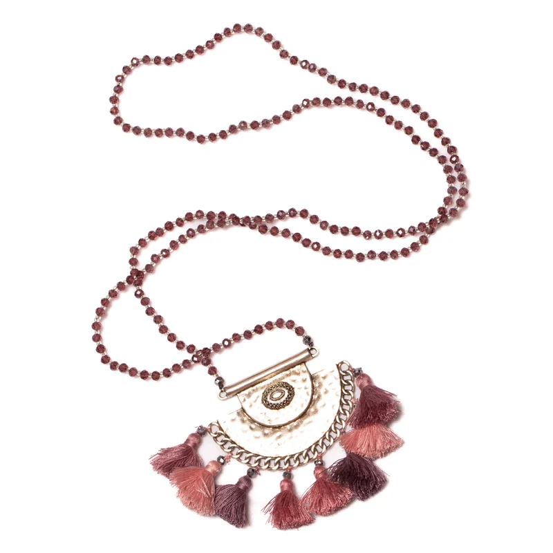 Long Crystal Necklace With Hammered Metal Pendant