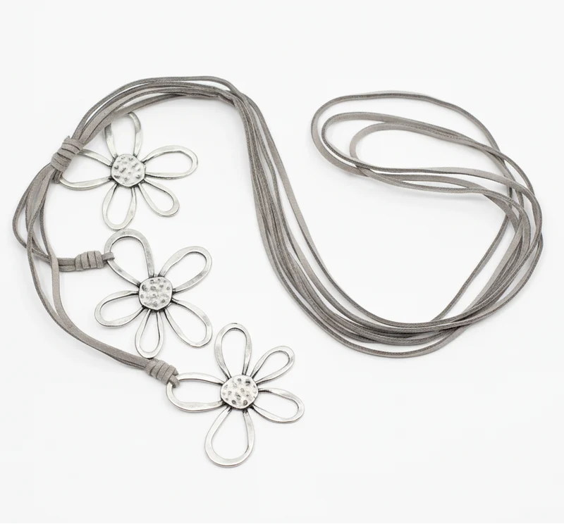 Silver Plate Triple Flower Necklace on Suede