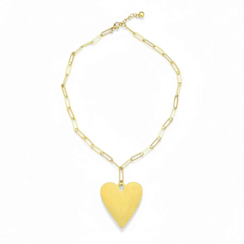 Short Chainlink Heart Pendant Necklace - Gold Stainless Steel