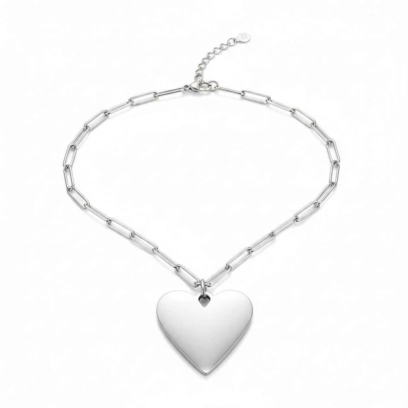 Short Chainlink Heart Pendant Necklace - Grey Stainless Steel